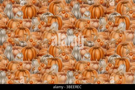 Motivo pavimentato autunnale di zucche arancioni e grigie con rami di pisalis come simboli del raccolto autunnale e della festa della zucca. Le illustrazioni in acquerello sono Foto Stock