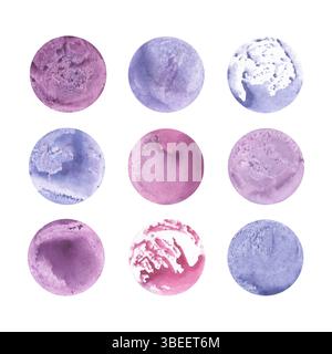 Serie di cerchi. Cerchi color acquerello con texture isolata su sfondo bianco. Ottimo per cartoline, inviti, biglietti d'auguri. Foto Stock