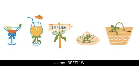 Icone delle vacanze estive con cartelli da spiaggia, bevande rinfrescanti e accessori per l'uso di design. Illustrazione Vettoriale