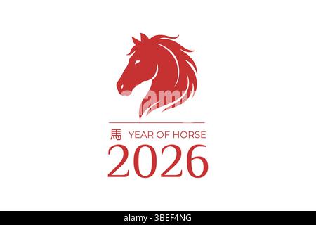 Semplice testa di cavallo rossa con tipografia moderna e caratteri cinesi, che celebra il 2026 anno del cavallo. Illustrazione Vettoriale
