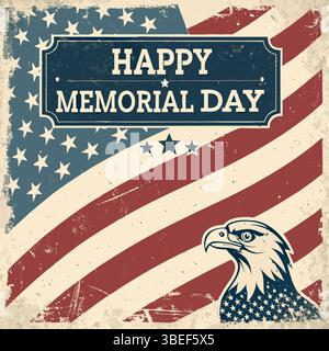 Poster vintage Memorial Day Vector – bandiera americana, aquila, alloro, design patriottico Illustrazione Vettoriale