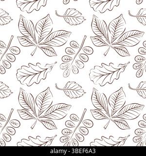 Motivo a foglie di foresta autunnali senza cuciture in stile art di linea. Castagno, acacia, quercia, sfondo di betulla per saluto, invito, carta da imballaggio Illustrazione Vettoriale