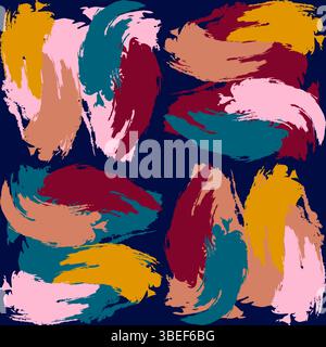 Questa grafica vettoriale presenta un motivo astratto dinamico e colorato con audaci forme di pennellata in una ricca tavolozza di rosa, giallo, verde acqua, rosso, Illustrazione Vettoriale