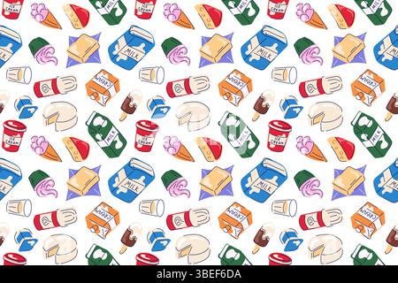 Latte prodotto lattiero-caseario senza cuciture in stile piatto. Carta da parati con gelato, cupcake, formaggio, burro, panna montata, bicchiere di latte su un bianco Illustrazione Vettoriale