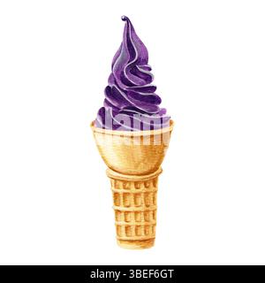 Illustrazione ad acquerello disegnata a mano con gelato ai mirtilli in un cono per waffle Foto Stock