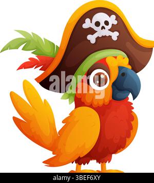 Cartoon Pirate Parrot con cappello, teschio e piume per avventure e disegni a tema. Illustrazione Vettoriale