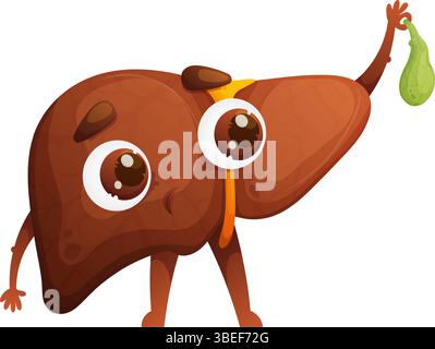 Cartoon Liver Character contiene cistifellea, Educational Human Anatomy Concept. Illustrazione Vettoriale