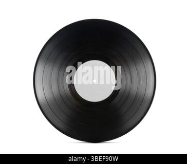 Disco in vinile con etichetta grigia su sfondo bianco. Foto Stock