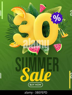 Design vettoriale per la vendita estiva. Offerta estiva con il testo dello sconto 3d del 30% con elementi da spiaggia. Promozione di vendita estiva con illustrazione vettoriale. Illustrazione Vettoriale