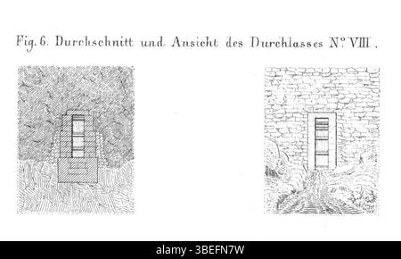 1851 disegno tecnico dello Schiefe Ebene sulla ferrovia bavarese-sassone in alta Franconia, Germania, che mostra la sezione trasversale e l'elevazione del Culvert n. VIII Foto Stock