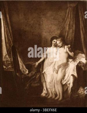 Il *Les Deux Sœurs (la Comparaison)* di Jean-Baptiste Greuze, dipinto prima del 1805, fa parte di un catalogo d'arte storica. Il pezzo, che è stato messo all'asta da Madame la Marquise Landolfo Carcano, riflette lo stile di Greuze di realismo emotivo, raffigurando due sorelle in un momento di confronto. Foto Stock