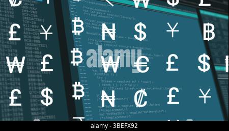 Immagine di simboli di valuta su elaborazione dati su sfondo blu Foto Stock