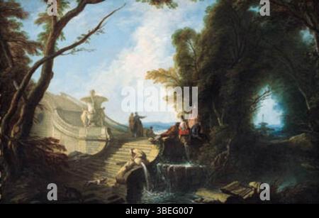 Questo dipinto del XVIII secolo di Jacques de Lajoue presenta un elegante gruppo di individui seduti su una scala in un parco, con cani giocosi in primo piano. Il pezzo mostra l'abilità dell'artista nel ritrarre scene sociali. Foto Stock