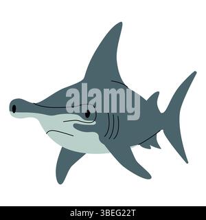 Illustrazione in stile piatto di uno squalo martello con una particolare forma della testa. Design semplice e pulito, vista ad angolo laterale, ideale per grafica a tema oceano Illustrazione Vettoriale