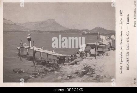 Questo lavoro del 1937 di Émile Beaussier ritrae Tolone, una città portuale nel sud della Francia. Il dipinto di Beaussier cattura il porto e il paesaggio urbano di Tolone con particolare attenzione alla vivace vita costiera. Foto Stock