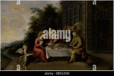 "The Holy Family Dining Outside while served by Angels" di Frans Francken il giovane (1581-1642) è un dipinto ad olio su pannello, di 53 x 86 cm. La scena ritrae la Sacra famiglia in un ambiente tranquillo all'aperto, frequentato da angeli. Foto Stock