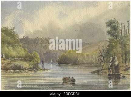 Questo disegno del 1866 di John Linton Palmer mostra uno dei "canali" a Port Mouth, situato nel sud del Cile, come parte del viaggio della HMS Topaze nel Pacifico (1865-1869). L'immagine cattura la geografia costiera e i corsi d'acqua esplorati durante la spedizione. Foto Stock