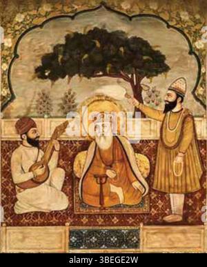 Opere murali risalenti al XVIII o XIX secolo che mostrano Guru Nanak seduto con Bhai Mardana alla sua sinistra e Bhai Bala alla sua destra, con un albero sullo sfondo. L'affresco riflette le tradizioni dell'arte religiosa Sikh. Foto Stock