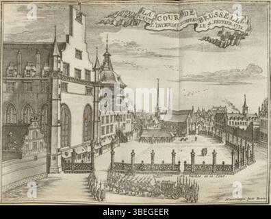 La *Histoire generale des Pais-Bas* (1743) contiene una rappresentazione della corte di Bruxelles prima dell'incendio del 1731, che mostra la grandezza architettonica della corte e il suo ruolo nella storia europea. Foto Stock