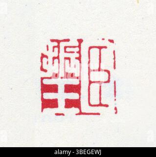 Questa immagine presenta un sigillo cinese semplificato, spesso utilizzato sia in contesti personali che ufficiali. I sigilli cinesi sono tradizionalmente scolpiti con caratteri o simboli che significano identità personale, autorità e significato culturale. Foto Stock