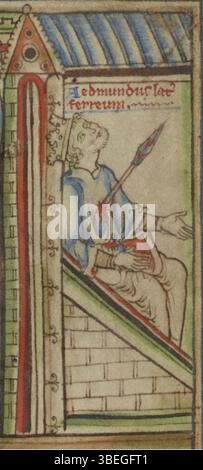 Questa illustrazione medievale di Matthew Paris, risalente alla fine del 1230 o all'inizio del 1240, raffigura la morte di Edmund Ironside, un evento chiave nella storia inglese dell'inizio dell'XI secolo. L'opera riflette lo stile dell'arte narrativa storica di Parigi. Foto Stock