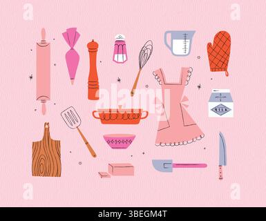 Utensili da cucina, mattarello, sacchetto per pasticceria, macinapepe, frusta, tazza misurabile, guanti da forno, spatola, teglia, recipiente, burro, disegno coltelli in stile vintage Illustrazione Vettoriale