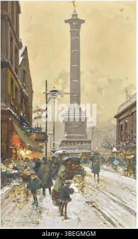 "Place de la Bastille" è un dipinto gouache di Eugène Galien-Laloue (1854-1941), parte di una serie di scene parigine. Presenta la famosa piazza di Parigi, che cattura l'atmosfera vivace della zona. Firmato dall'artista, il dipinto misura 32,5 x 20,5 cm. Foto Stock