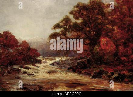 Questa opera d'arte di Alexander Brownlie Docharty (1862-1940) raffigura una scena invernale sul fiume Dochart nel Perthshire. Il paesaggio cattura la bellezza serena di un inverno scozzese, con terreno innevato e il fiume che si snoda attraverso l'ambiente ghiacciato. Foto Stock