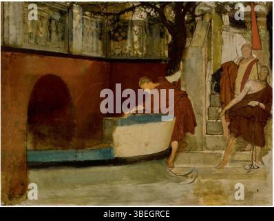 "L'imbarco sulla chiatta" è un rinomato dipinto di Sir Lawrence Alma-Tadema, raffigurante una scena dell'antica Roma. L'opera d'arte presenta un'elegante rappresentazione di figure che salgono su una lussuosa chiatta, che mostra l'attenzione dell'artista per i dettagli e i temi classici. Foto Stock