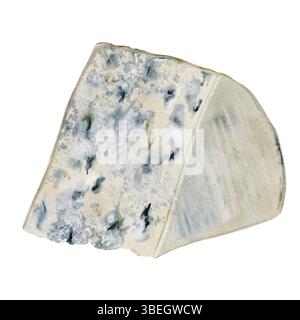 Illustrazione di un pezzo di formaggio ad acquerello. Formaggio dorblu o roquefort trafilato a mano con muffa blu nobile. Il realismo del cibo della clip art. Ideale per prodotti caseari biologici Foto Stock