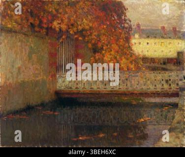 "Il ponte" è un dipinto di Henri le Sidaner (1862-1939) che mostra una scena tranquilla e suggestiva di un ponte. Noto per la sua attenzione alla luce e ai colori, le Sidaner cattura l'atmosfera tranquilla della scena attraverso toni tenui e pennellate morbide. Foto Stock