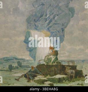 Il dipinto ad olio di Max Frey 'Der Engel' (l'Angelo) del 1935, firmato e datato dall'artista, rappresenta un lavoro chiave nella carriera artistica di Frey. Esplora temi spirituali e simbolici, tipici del suo stile dei primi anni del XX secolo. Foto Stock