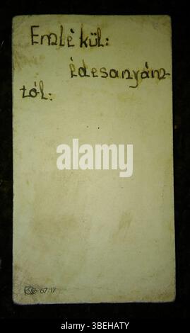 Questa immagine mostra il retro di una vecchia carta da gioco, risalente all'inizio del XX secolo. Il design riflette lo stile artistico e le influenze culturali del tempo, caratteristiche dei disegni ungheresi delle carte. Foto Stock
