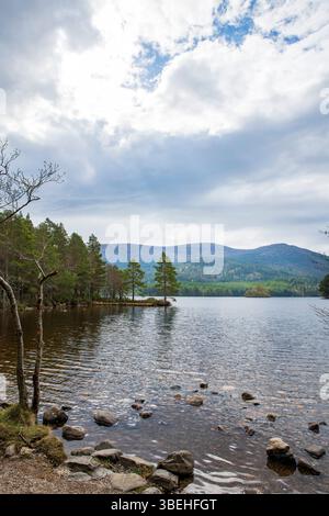 Loch an Eilein nel Cairngorms, tranquillo lago delle Highland con coste boscose e antico castello dell'isola, circondato da una splendida bellezza naturale. Foto Stock