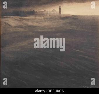 Il dipinto del 1901 di Léon Spilliaert "il vecchio faro al tramonto" cattura l'atmosfera inquietante e lunare di un faro al crepuscolo. Il dipinto mostra il caratteristico uso di luce e ombra di Spilliaert per evocare un senso di solitudine e mistero. Foto Stock