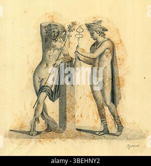 Disegno di Geremia Discanno del 1880 raffigurante un affresco della parete nord della Taberna Lusoria a Pompei, raffigurante le divinità romane mercurio e Bacco. Foto Stock