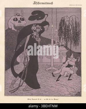 Il *mercoledì delle ceneri* (1903) di Thomas Theodor Heine usa la satira visiva per commentare le pratiche religiose e sociali. L'immagine riflette la tensione tra celebrazione e solennità, catturando un momento di ironia con la sua raffigurazione del 'Principe Carnaval' e 'Lex Heinze' come parte dei festeggiamenti. Foto Stock