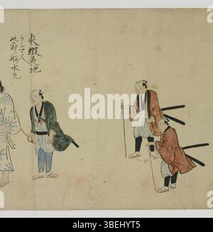 Questa opera d'arte del 1811, intitolata "Live capture of Russians drawing", illustra la cattura di esploratori russi, tra cui il capitano Vasily Golovnin, da parte dei samurai Tokugawa durante un incidente diplomatico. Il pezzo evidenzia un momento significativo nelle relazioni russo-giapponesi, catturando la tensione e l'evento storico con vividi dettagli. Foto Stock