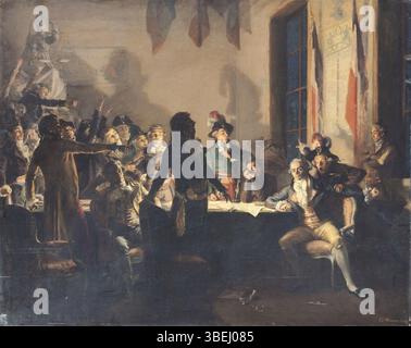 Questo dipinto del 1897 di Jean-Joseph Weerts raffigura la Rivoluzione francese, concentrandosi sulla notte tesa tra il 27 e il 28 luglio 1794, all'Hôtel de Ville di Parigi. Saint-Just e Robespierre sono mostrati in un momento di crisi politica. Foto Stock