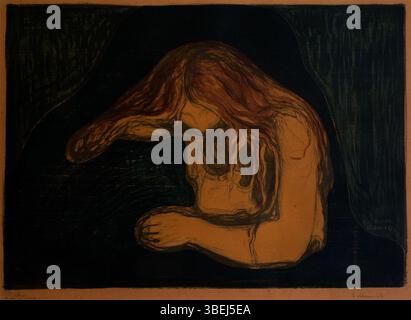 "Vampire II" di Edvard Munch, dipinto nel 1902, ritrae un'immagine inquietante di una donna che abbraccia un uomo. Il dipinto esplora temi di amore, morte e disperazione, comuni nell'opera di Munch. La tavolozza dei colori scuri e l'intenso simbolismo evidenziano i sottotoni emotivi e psicologici della composizione. Foto Stock