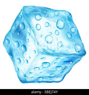 Grande e realistico cubetto di ghiaccio traslucido di colore azzurro con gocce d'acqua sulla superficie, isolato su sfondo bianco. Trasparenza solo nel vettore Illustrazione Vettoriale