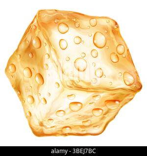 Grande e realistico cubetto di ghiaccio traslucido di colore giallo con gocce d'acqua sulla superficie, isolato su sfondo bianco. Trasparenza solo nel vettore per Illustrazione Vettoriale