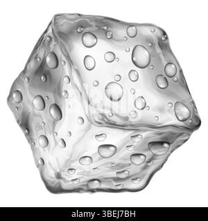 Ampio e realistico cubetto di ghiaccio traslucido di colore grigio con gocce d'acqua sulla superficie, isolato su sfondo bianco. Trasparenza solo nella forma vettoriale Illustrazione Vettoriale