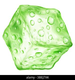 Grande e realistico cubetto di ghiaccio traslucido di colore verde con gocce d'acqua sulla superficie, isolato su sfondo bianco. Trasparenza solo in forma vettoriale Illustrazione Vettoriale