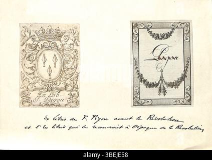L'Ex Libris della famiglia Pigou consiste di due disegni: Uno dall'Ancien Régime con lo stemma della famiglia e un altro del periodo della Rivoluzione francese, alterato per riflettere i cambiamenti politici. Questo lavoro è stato creato da un incisore anonimo nel 1789. Foto Stock