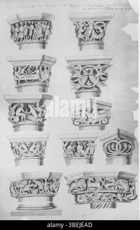 Il disegno del 1840 di Philippe van Gulpen illustra i capitelli intagliati di opere d'arte della chiesa di San Servaas a Maastricht, con intricati dettagli in pietra della cappella di Carlo Magno. Foto Stock