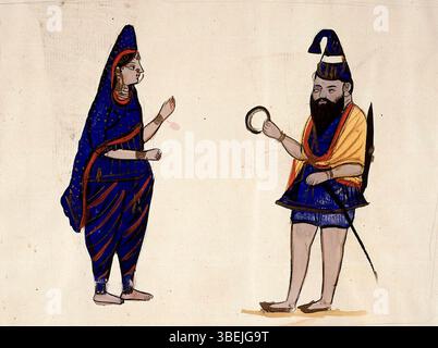 Raffigurazione del XIX secolo di un guerriero Sikh in piedi accanto a sua moglie, che rappresenta una coppia tradizionale in abiti storici indiani. Foto Stock