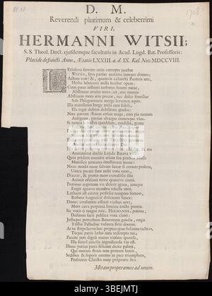 Questa stampa del 1708 onora il defunto Hermann Witsius, un venerato teologo e professore all'Università di Leida, scomparso all'età di 73 anni. La stampa include una dedica latina alla sua memoria. Foto Stock