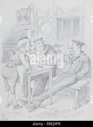 L'illustrazione del 1898 di John Tenniel "Mr. Punch and Britannia Toasting the USA" commemora la vittoria sulla Spagna nella battaglia di Manila Bay. L'opera cattura lo stile dei fumetti politici dell'epoca, riflettendo i sentimenti britannici verso gli Stati Uniti dopo la guerra ispano-americana. Foto Stock