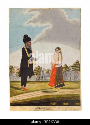 Un dipinto di Tanjore del 1805 circa raffigura una coppia Sikh con un guerriero in nero che trasporta un tulwar, adagiato su uno sfondo di edifici in pietra e un ampio orizzonte blu. Il pezzo mostra l'abbigliamento distintivo del guerriero Sikh e il sari ricamato in oro della moglie. Foto Stock